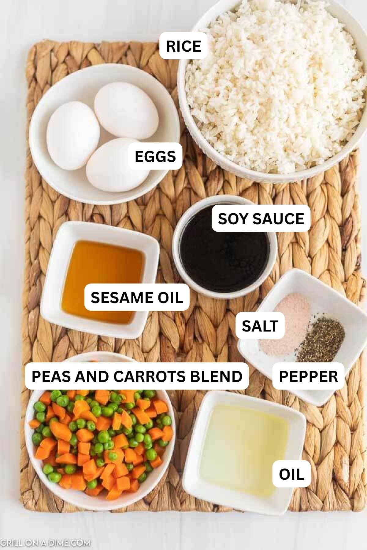 Ingredients need to make this recipe which includes white rice, whole eggs, peas and carrots mixture and more. 