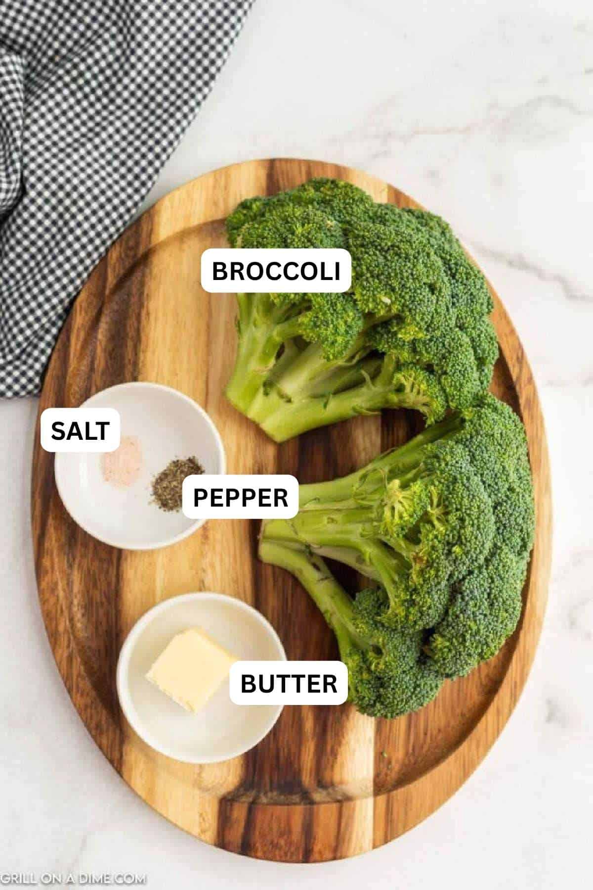 Ingredients needed for this recipe includes fresh broccoli, butter, salt and pepper.