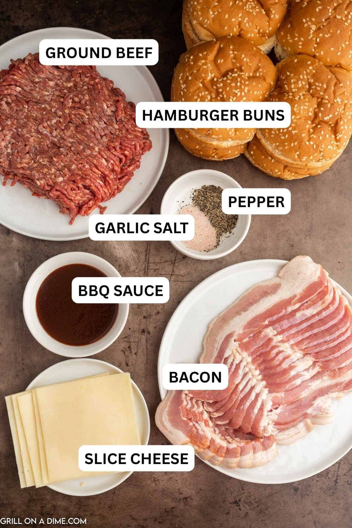 Ingredients needed to make this recipe includes ground beef, oil, garlic salt, pepper, bacon, sharp cheddar cheese, bbq sauce, and buns.