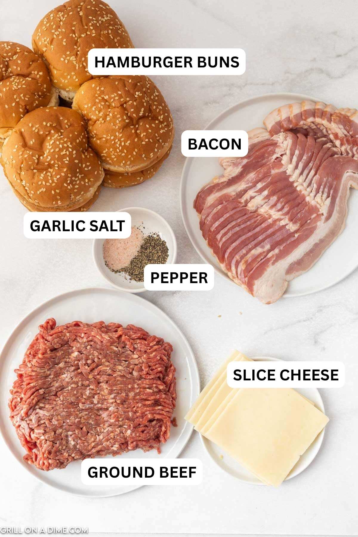 Ingredients needed to make this recipe includes beef, oil, garlic salt, pepper, bacon, sharp cheddar cheese, and hamburger buns.