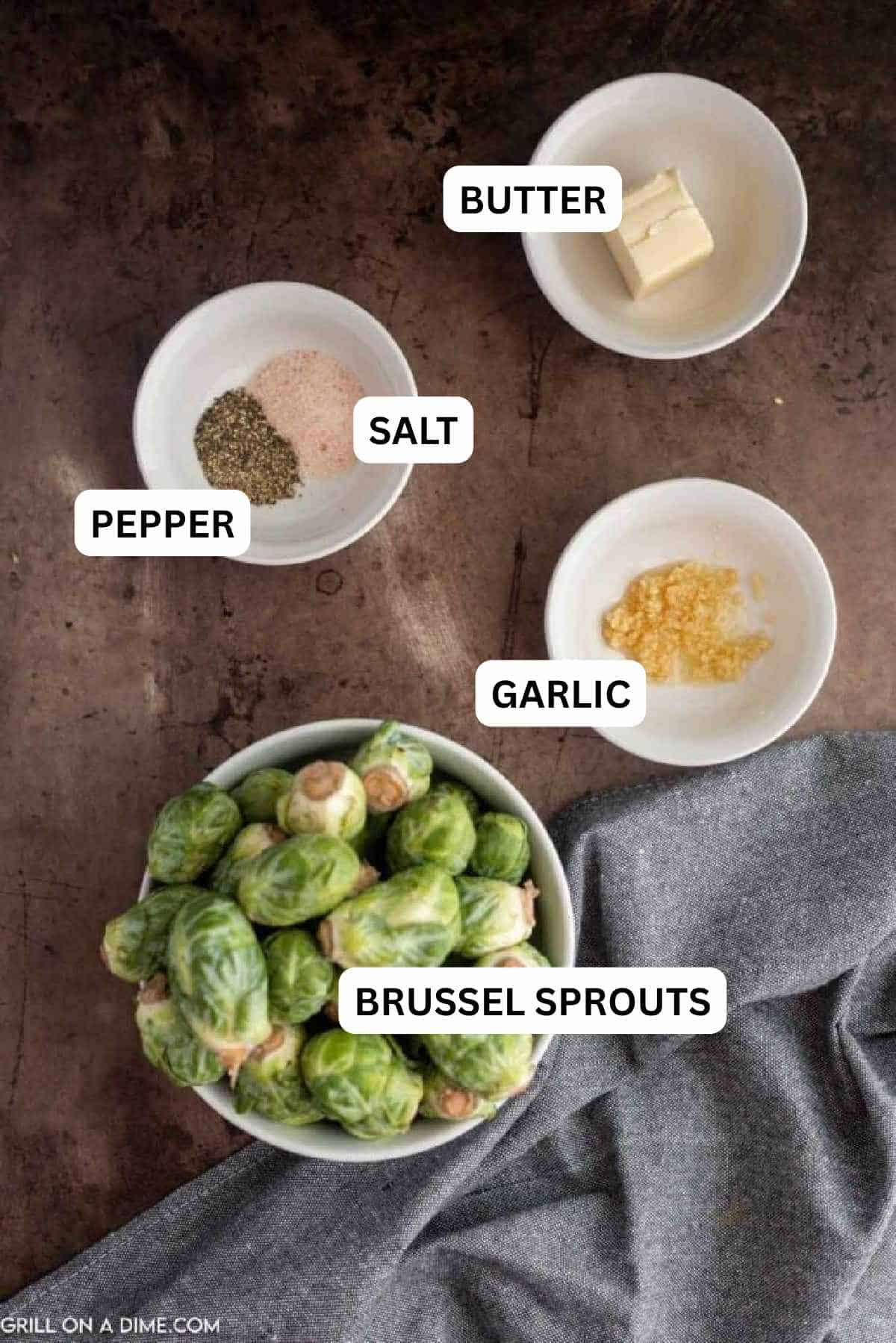 Ingredients needed to make this recipe includes fresh brussel sprouts, butter, garlic, salt and pepper. 