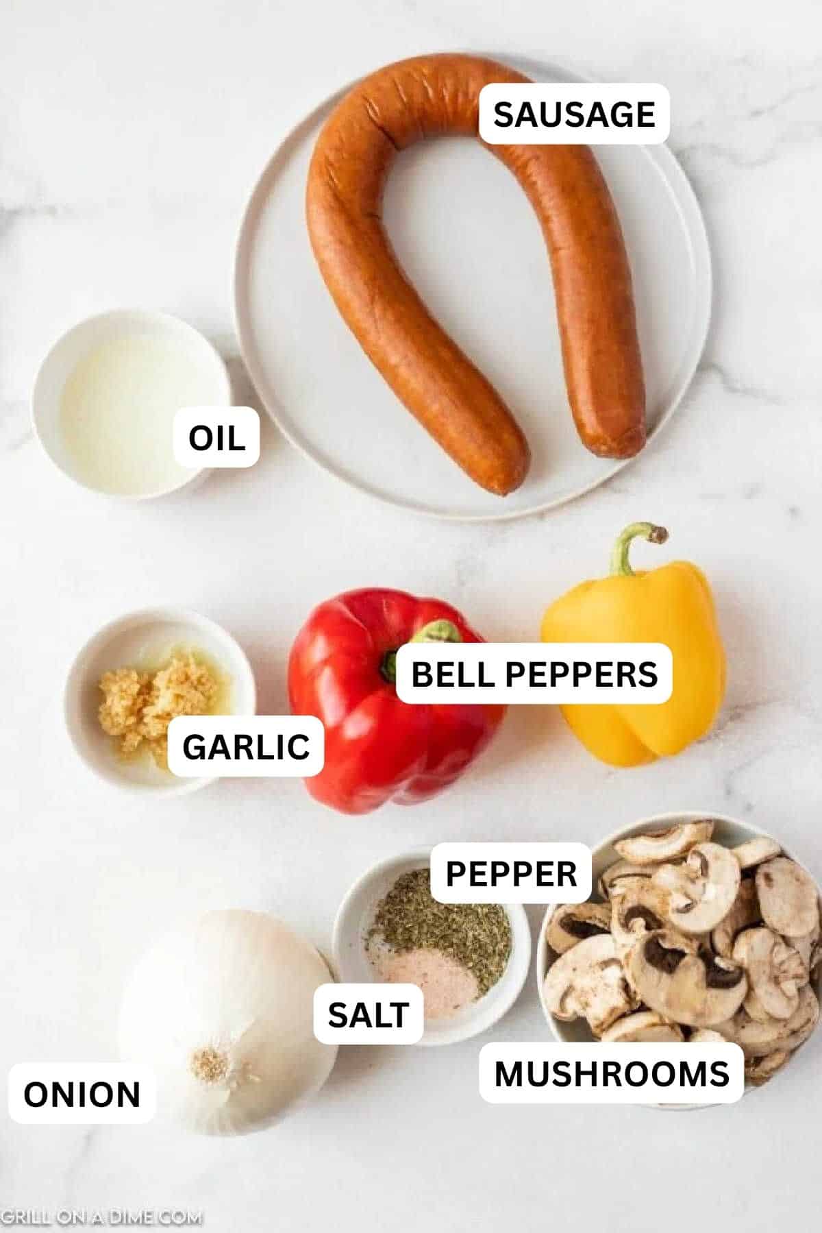 Ingredients needed to make this recipe which includes Oil, sausage links, red bell peppers, onion, mushrooms, minced garlic, Italian seasoning and Salt.
