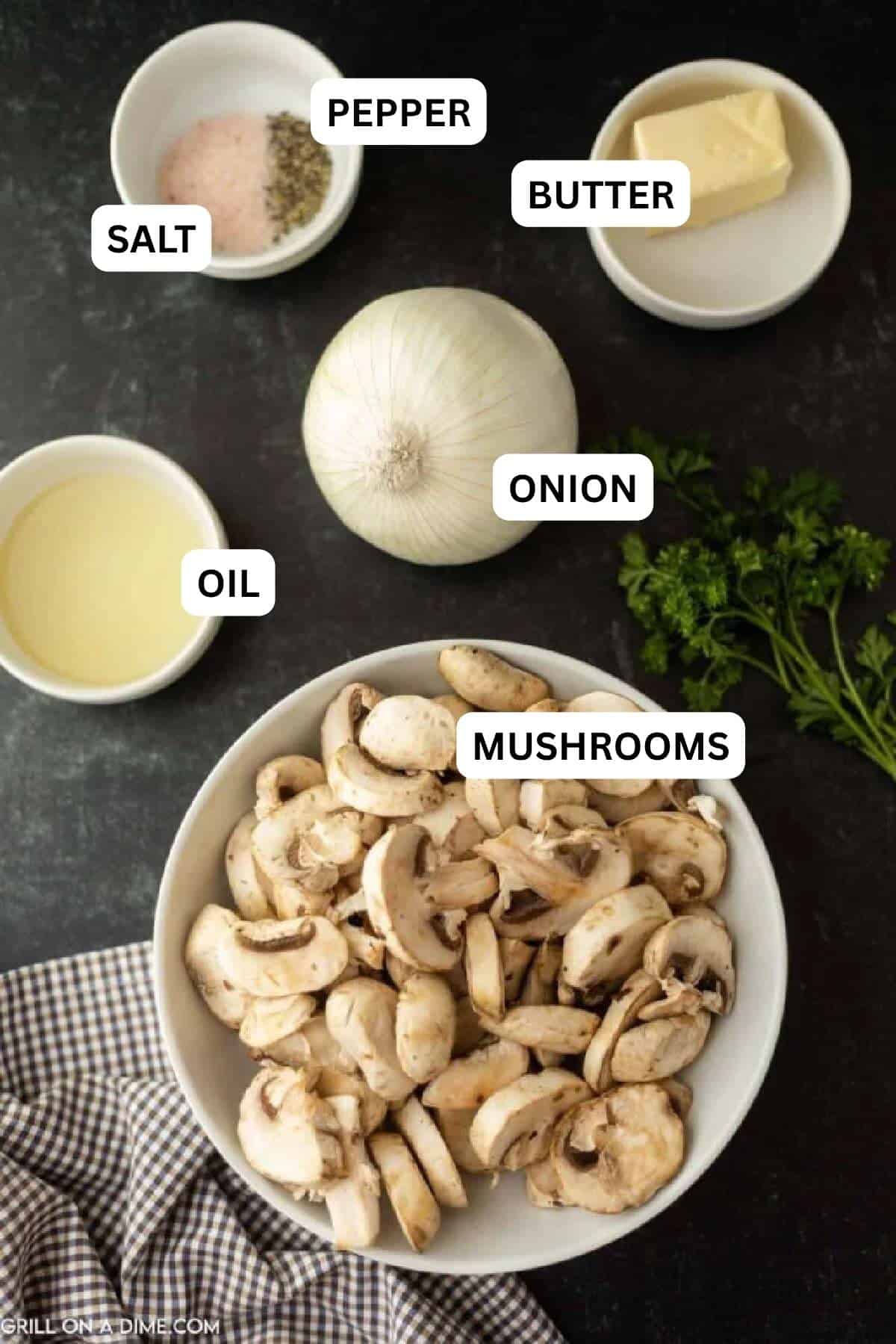 Ingredients needed to make this recipe includes mushrooms, onion, avocado oil, butter, salt and pepper.