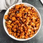 Diced sweet potatoes in a bowl.