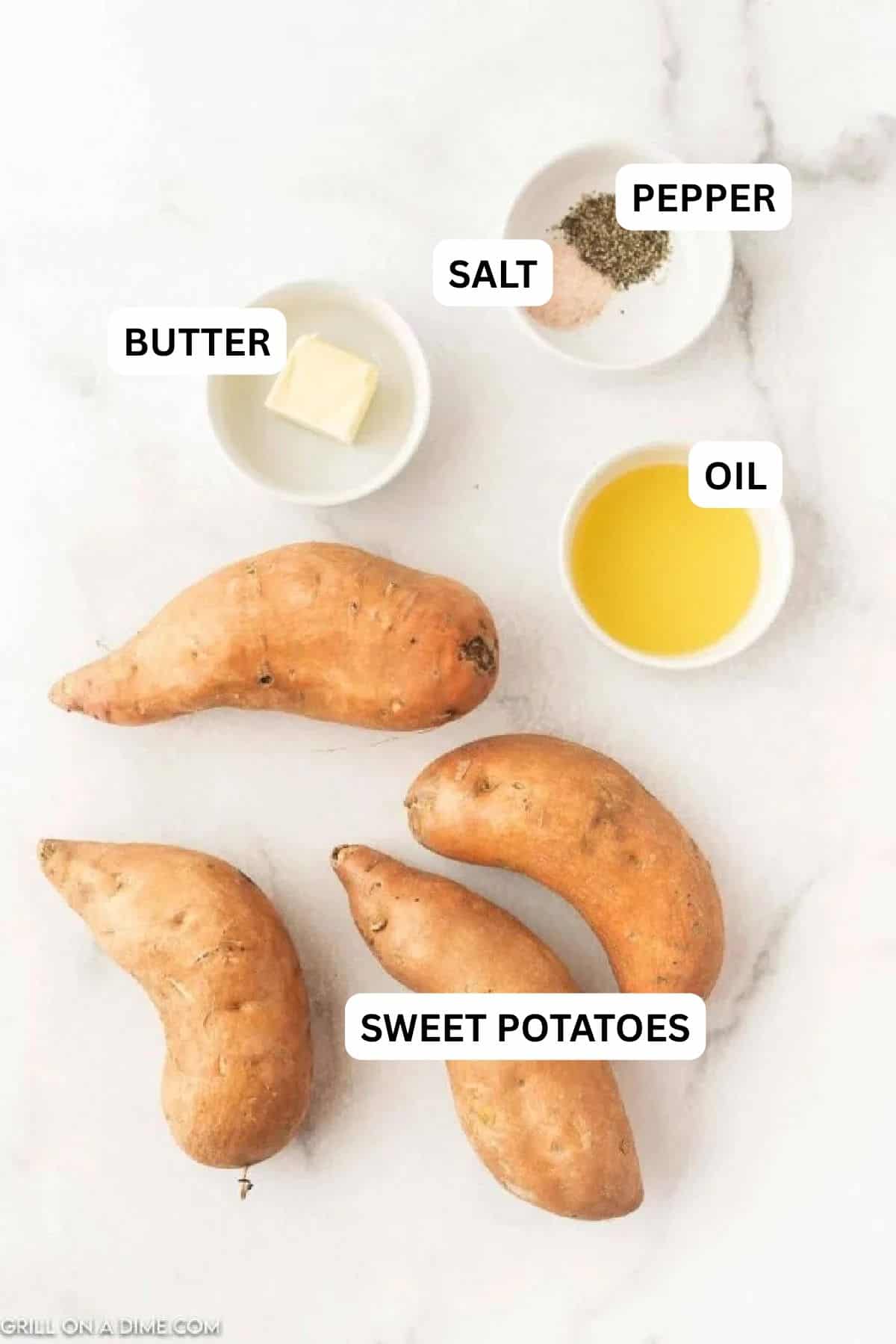 Ingredients needed to make this recipe which includes sweet potatoes, avocado oil, salt and pepper, and butter.