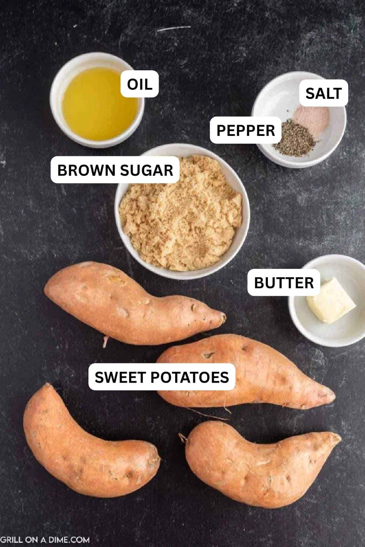 Ingredients needed to make this recipe includes Sweet potatoes, brown sugar, oil, butter and salt and pepper.