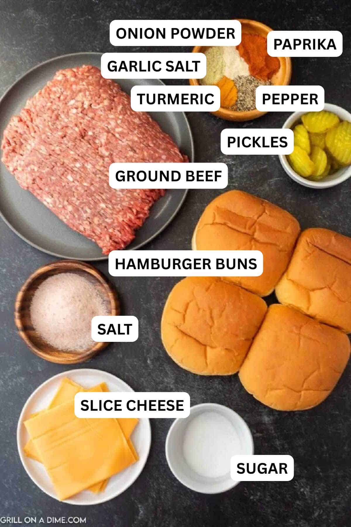 Ingredients needed - beef, american cheese, buns, onion, pickle, mustard, salt, sugar, paprika, pepper, turmeric, onion powder, garlic salt.