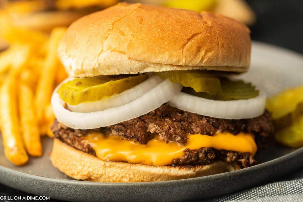 Freddy's Steakburger on a plate with French Fries. 