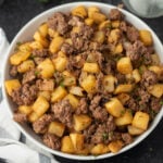 Hamburger Hash with ground beef and small potatoes in a bowl