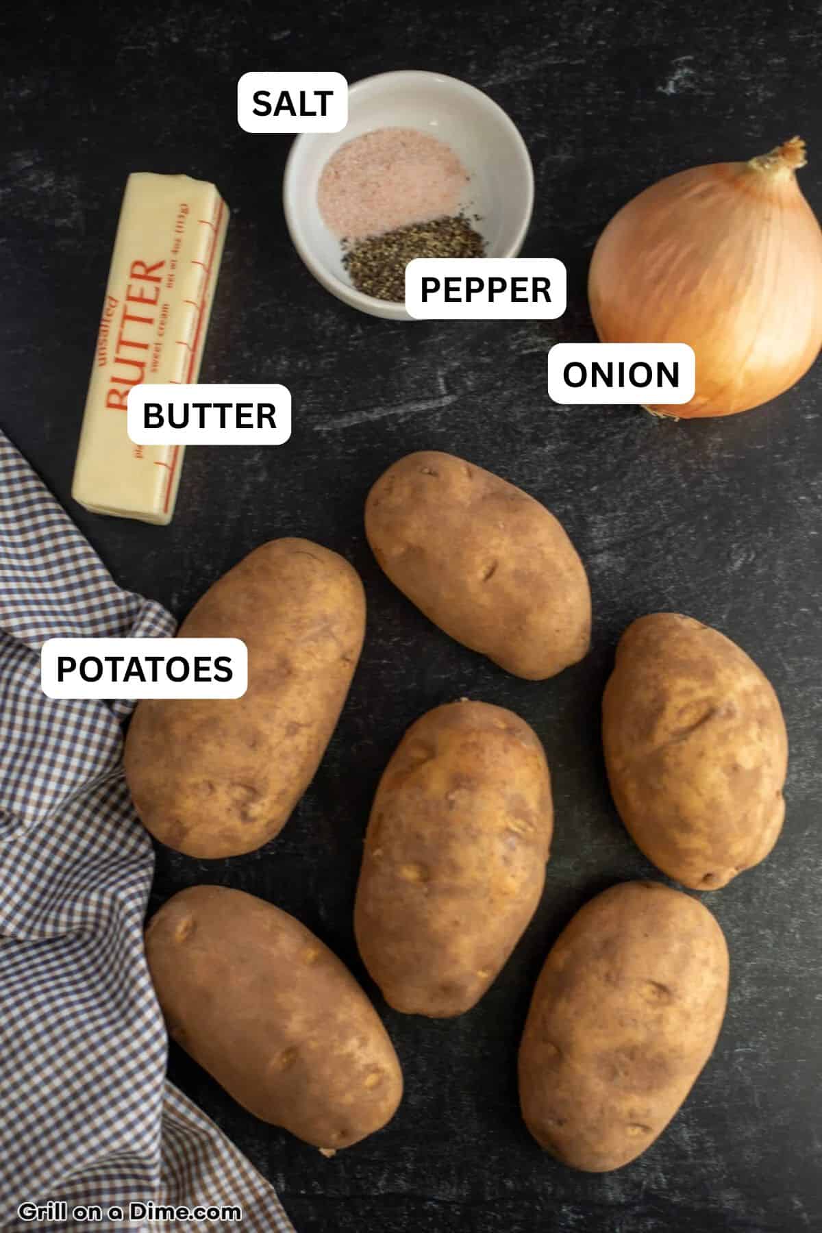 Ingredients needed for this recipe includes potatoes, onion, butter, salt and pepper.