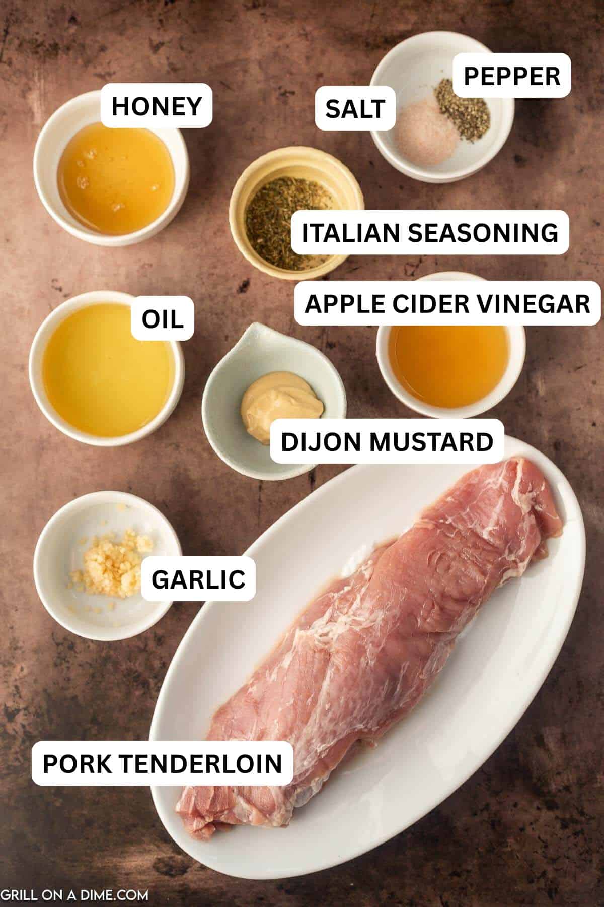 Ingredients needed for this recipe includes pork tenderloin, vinegar, minced garlic, italian seasoning, olive oil, salt, pepper, mustard, honey.