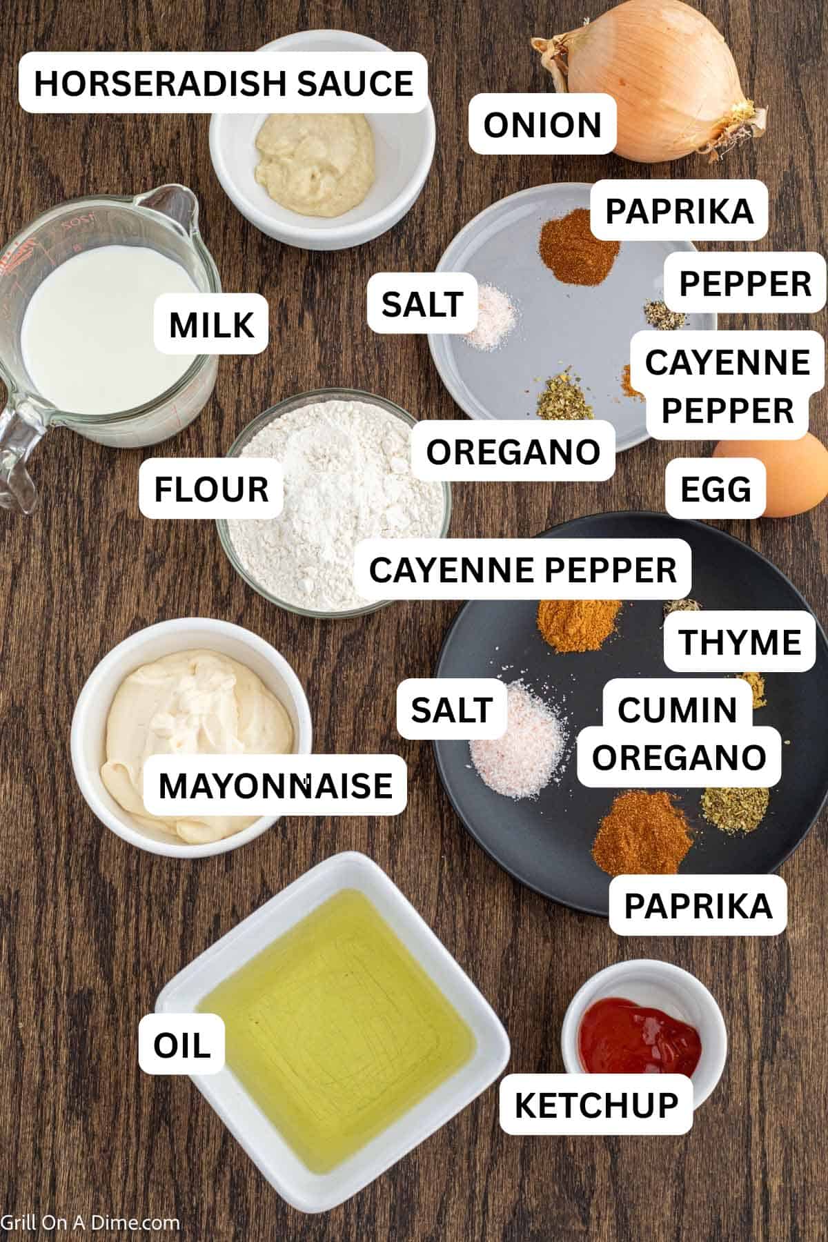 Ingredients needed for the sauce and onion strips - mayonnaise, ketchup, horseradish sauce, paprika, salt, oregano, pepper, and cayenne pepper.