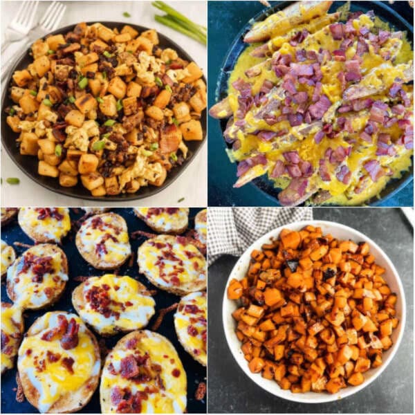 Four different images of different foods including potatoes, bacon, and eggs.