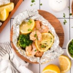 Shrimp and broccoli in foil packets.
