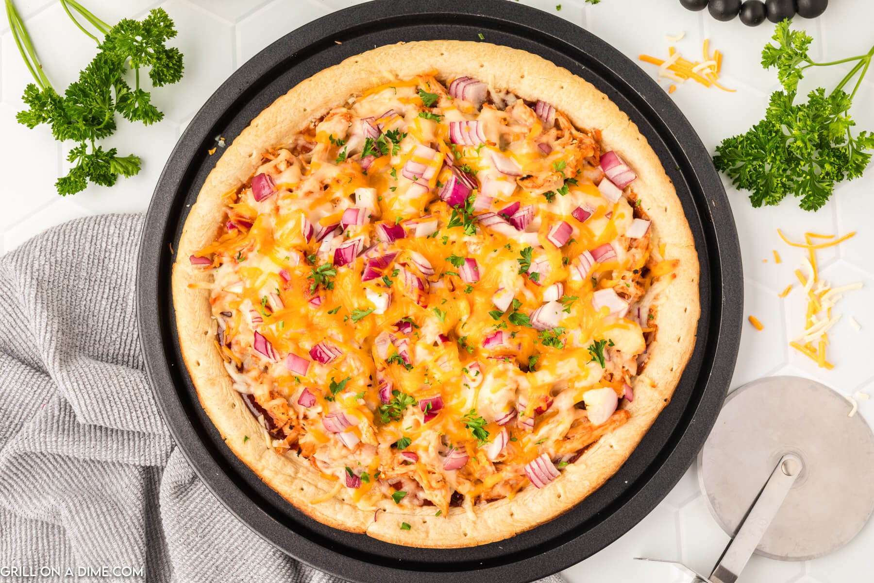BBQ Chicken Pizza on a pizza pan
