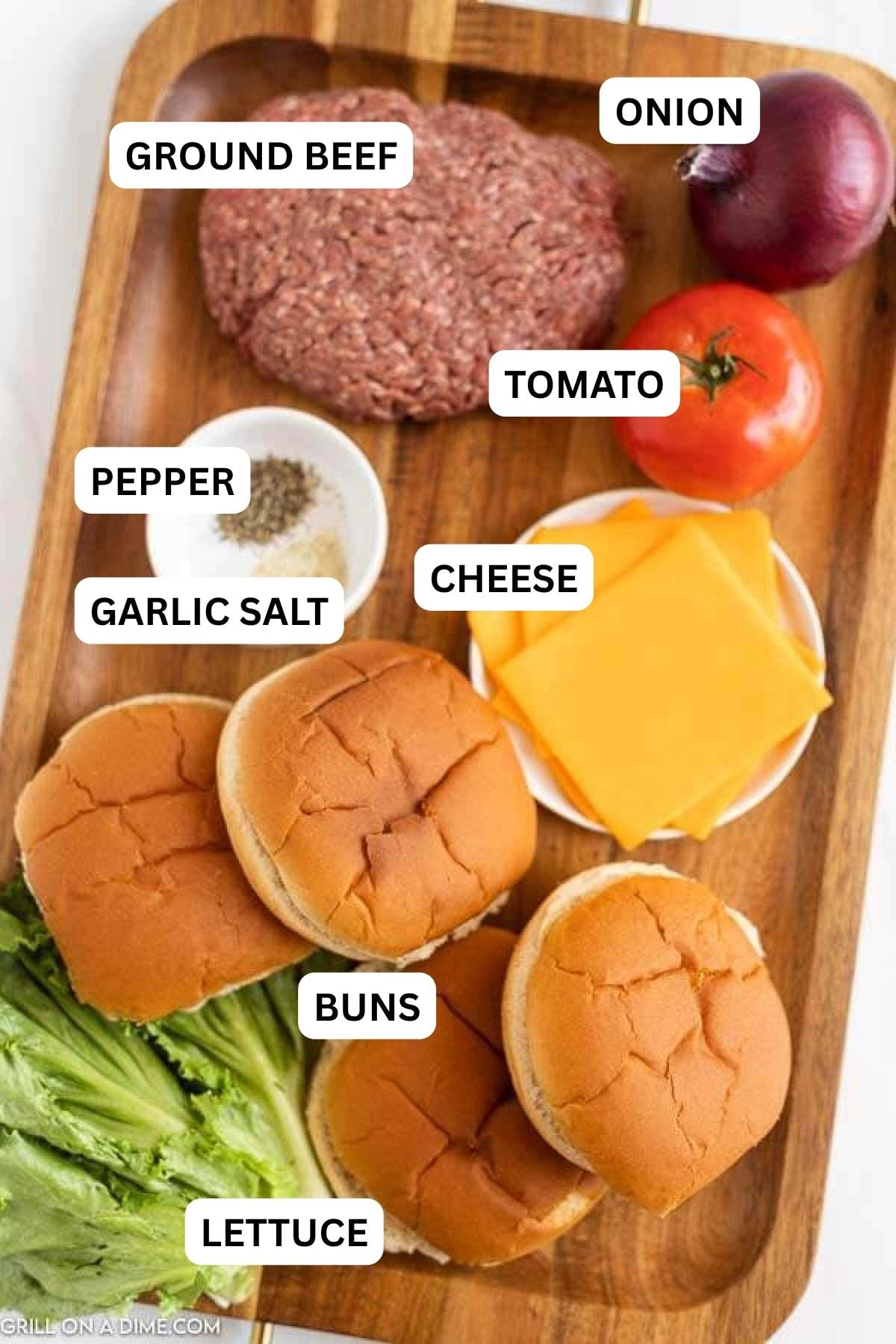 Ingredients needed to make this recipe which includes ground beef, slice cheese, tomatoes and more. 