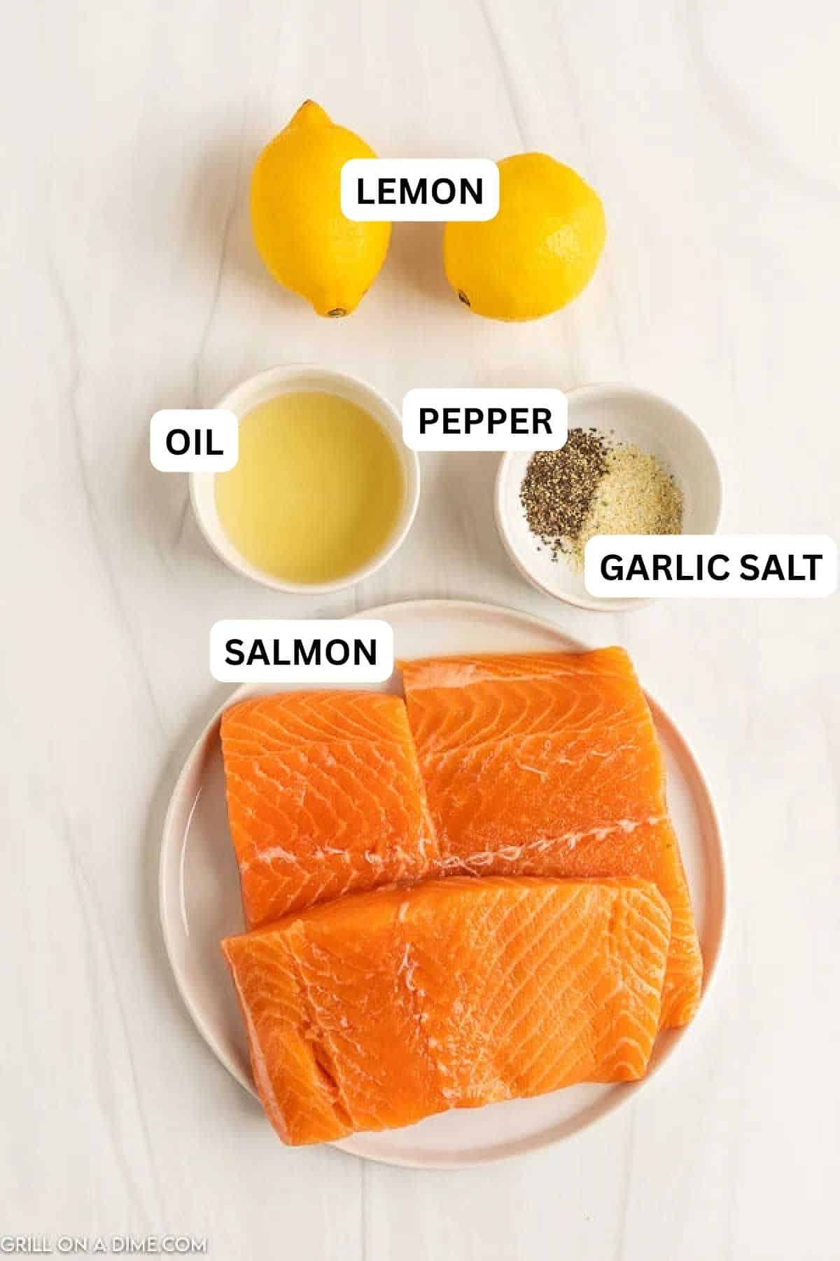Ingredients needed to make this recipe which includes Salmon, lemon, oil, and spices.