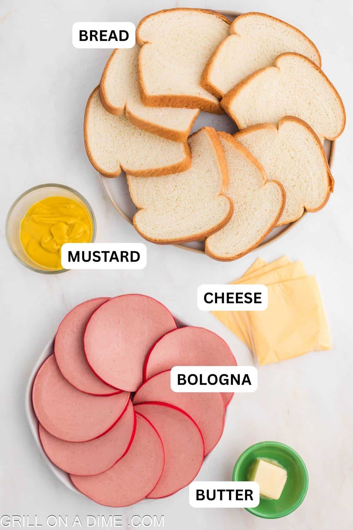 Ingredients needed for Fried Bologna Sandwich which includes a Butter, white bread, slices bologna, american cheese, and yellow mustard.