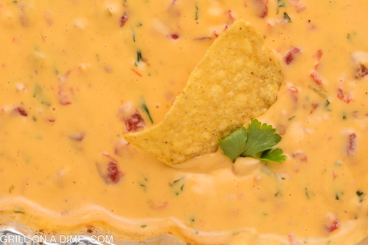 Queso in a disposable pan topped with a tortilla chip and fresh herb
