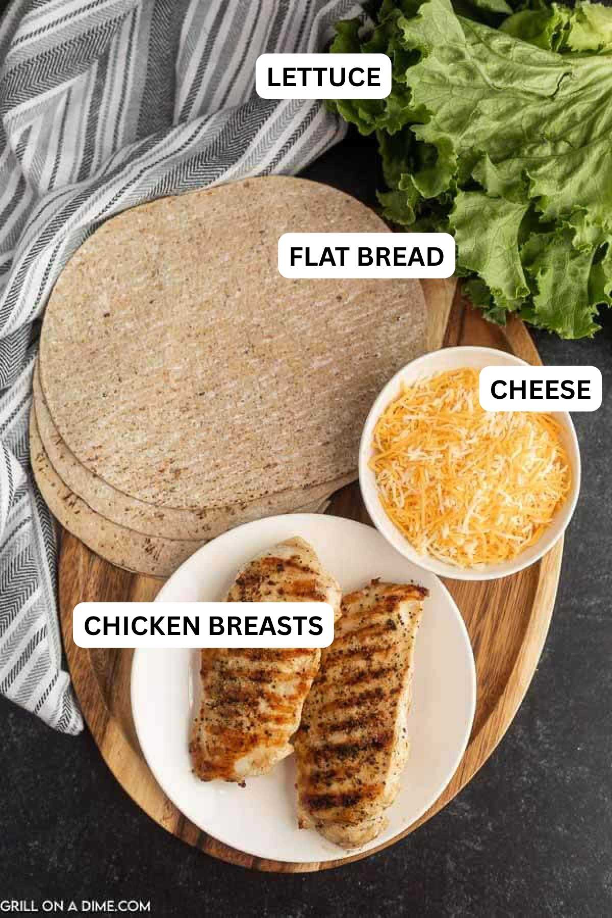 Ingredients need to make this recipe which includes Grilled Chicken, shredded cheese and tortillas.