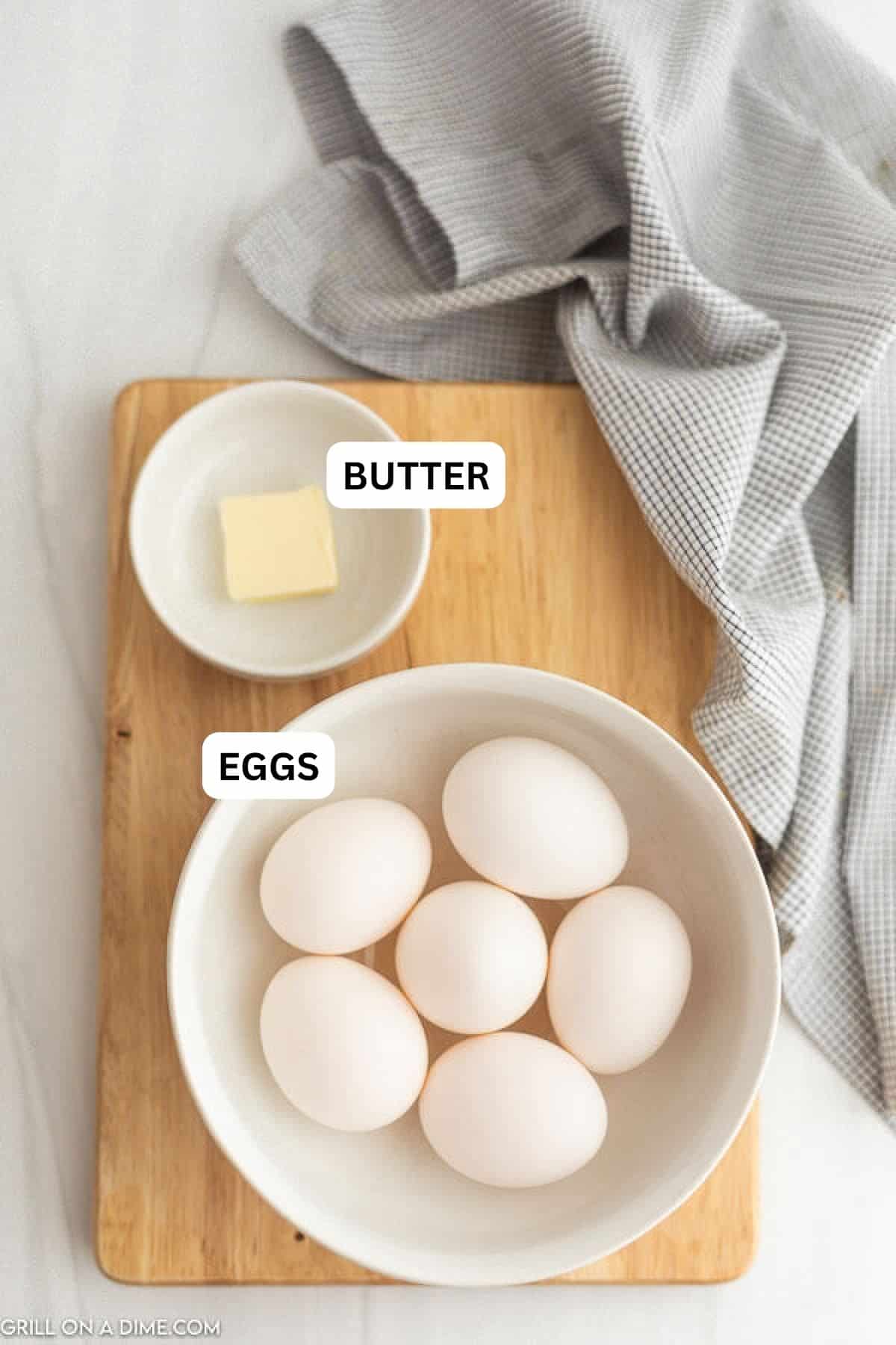 Ingredients needed to make this recipe which includes eggs and butter. 