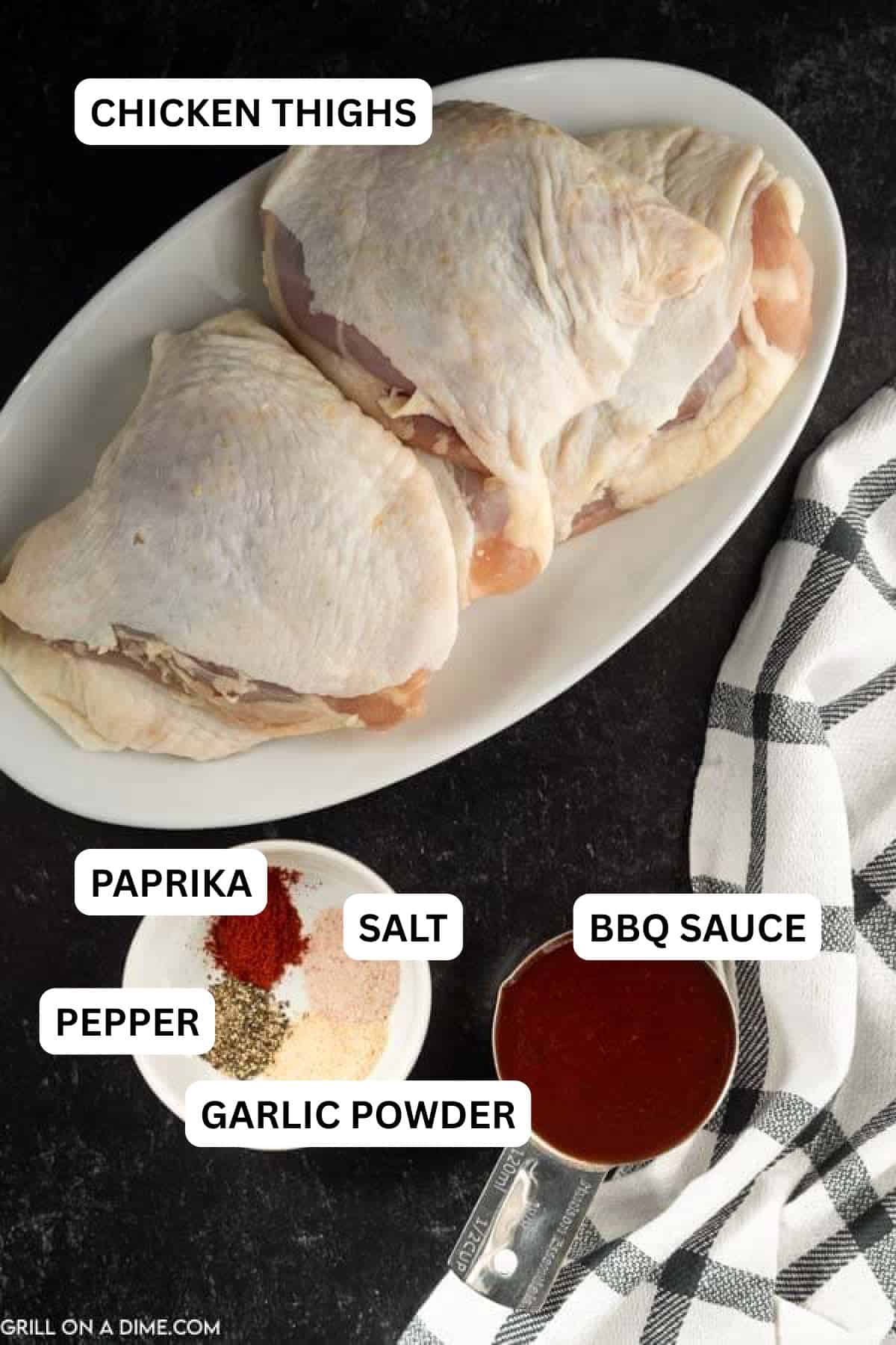 Ingredients need to make this recipe which includes chicken thighs, spices and BBQ Sauce. 