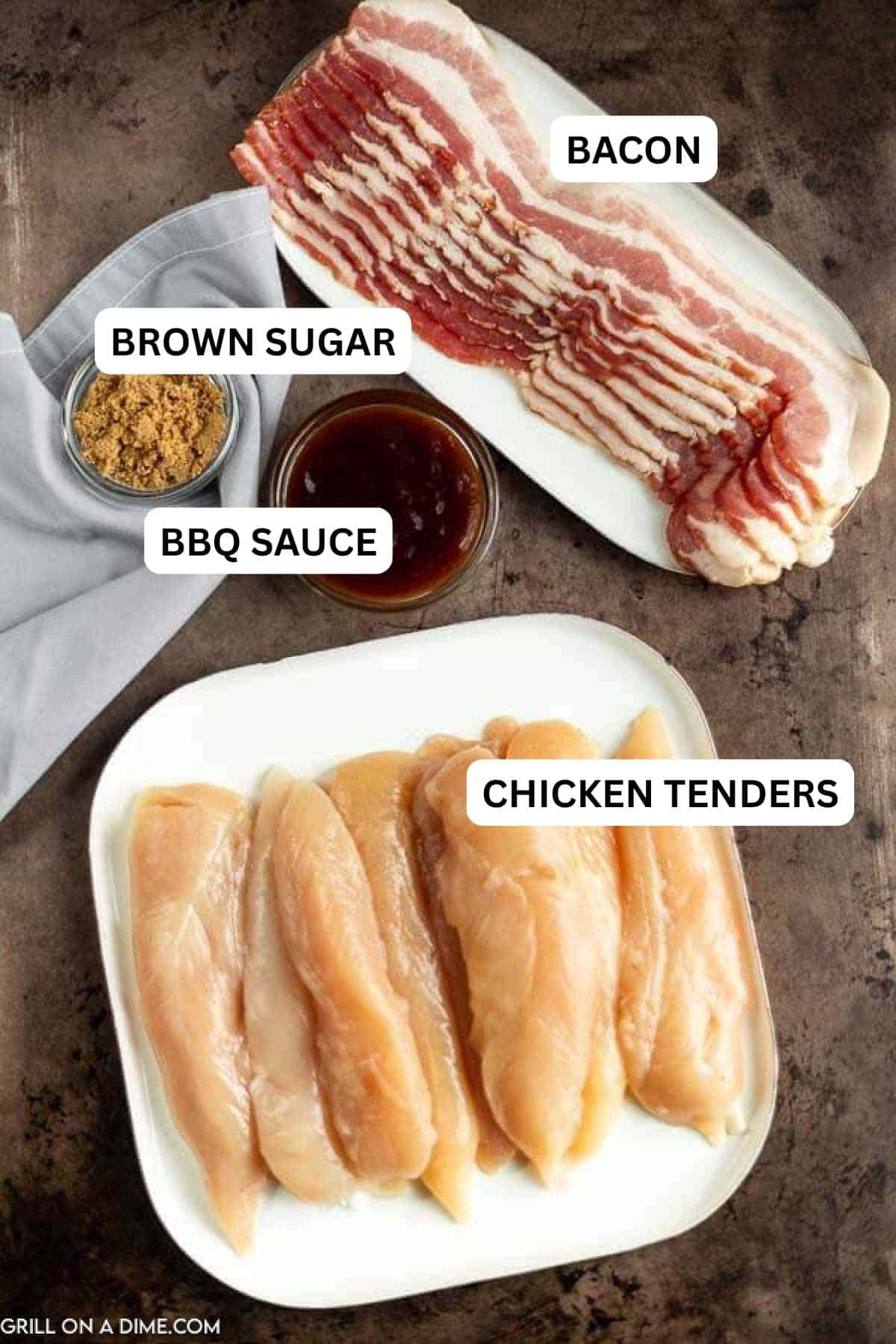 Ingredients needed to make this recipe which includes chicken tenders, bacon, bbq sauce, and brown sugar.