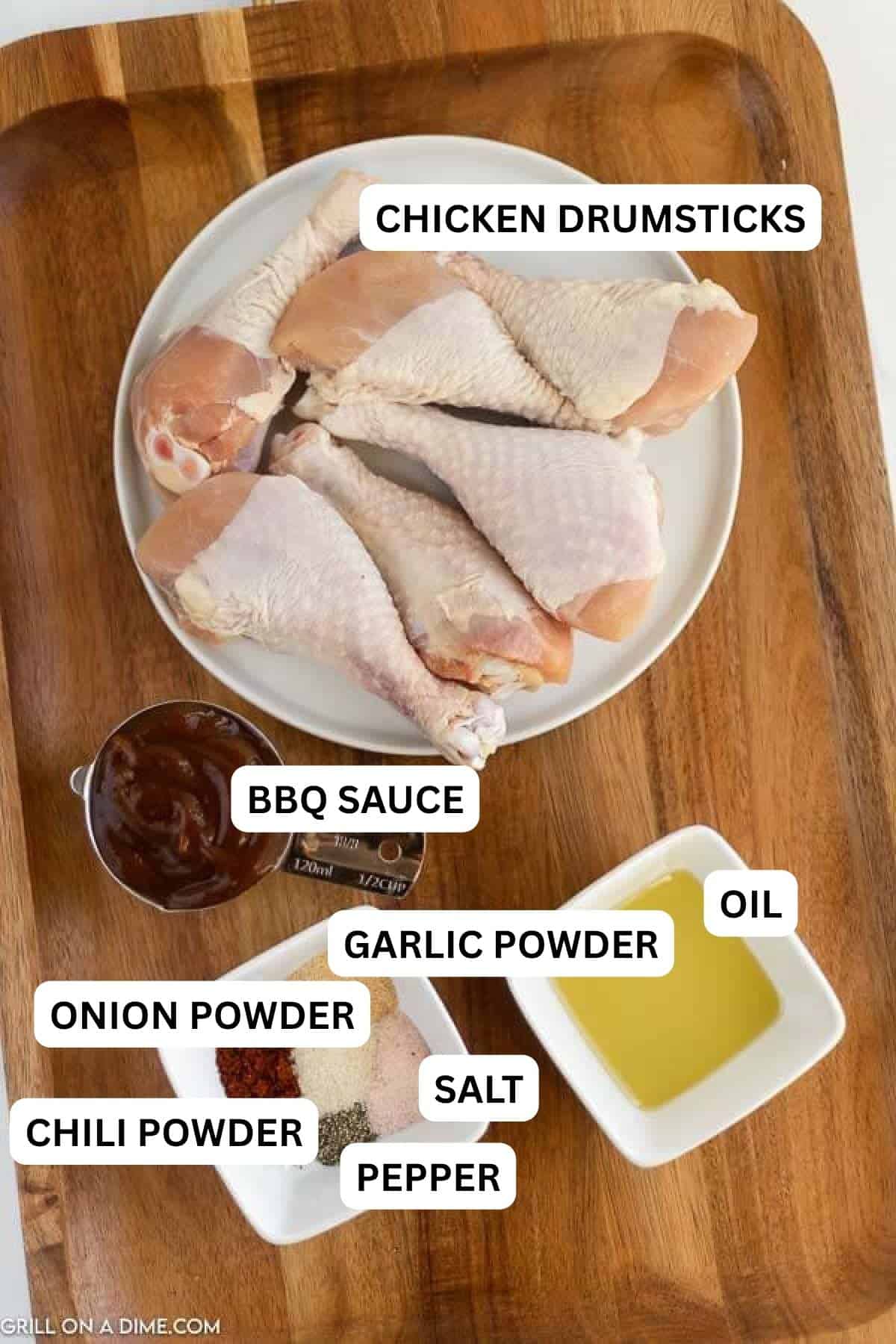 Ingredients need to make this recipe which include chicken drumsticks, BBQ sauce, spices and oil. 