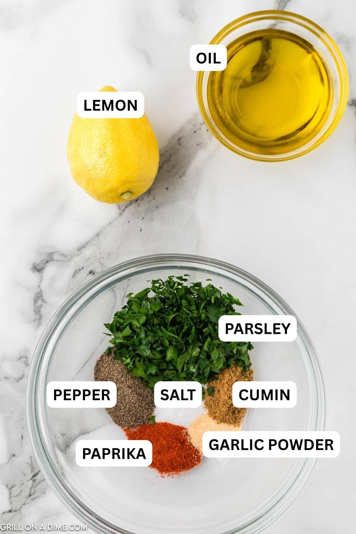 Ingredients need to make this recipe which includes spices, lemon and oil. 