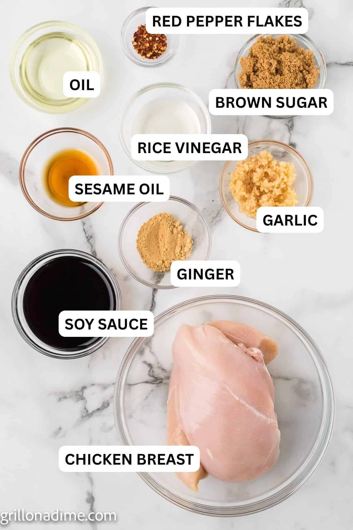 Ingredients needed to make this recipe which includes soy sauce, brown sugar, oil, minced garlic, rice vinegar, and sesame oil.