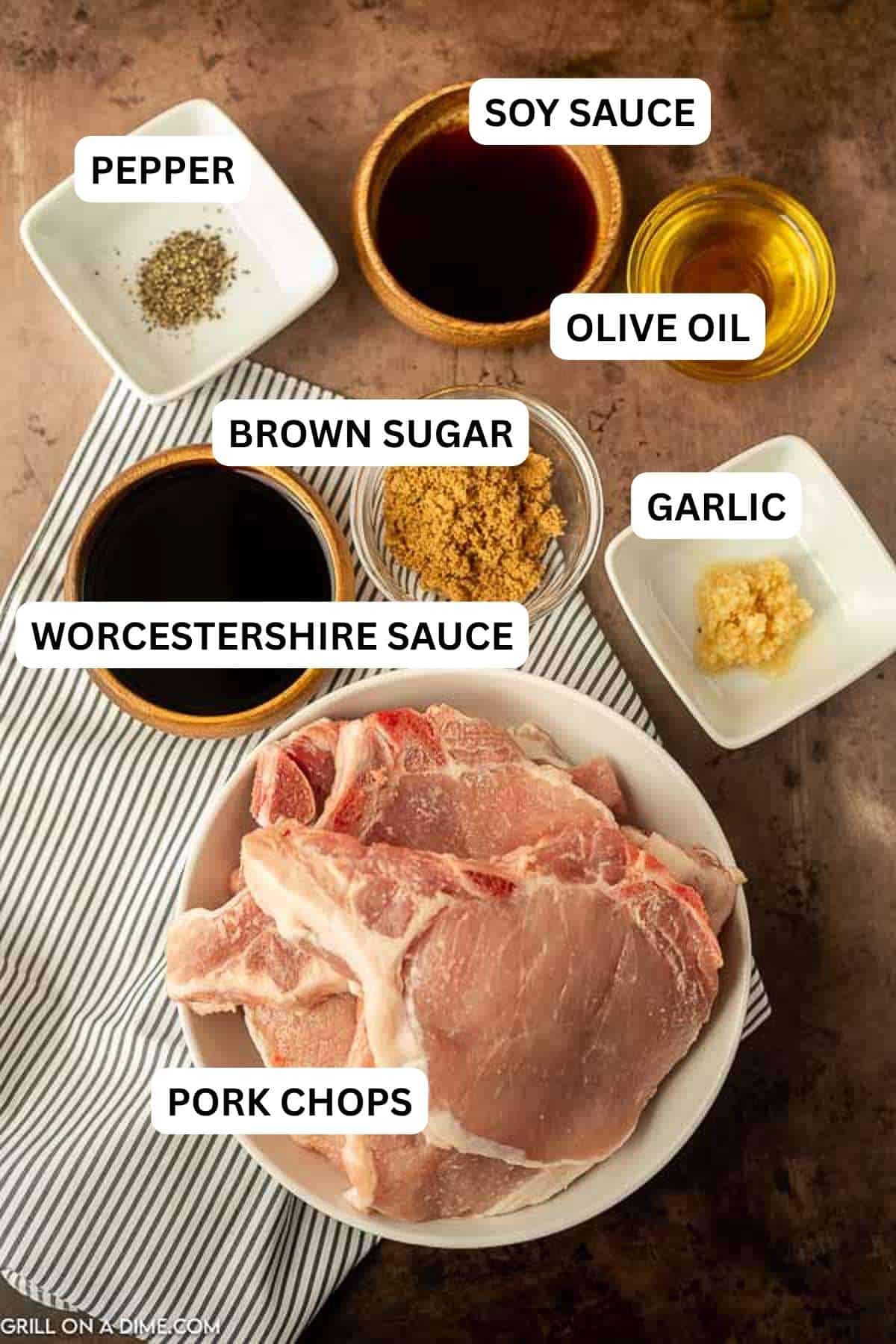 Ingredients need to make this recipe which includes pork chops, olive oil, soy sauce, brown sugar and more. 