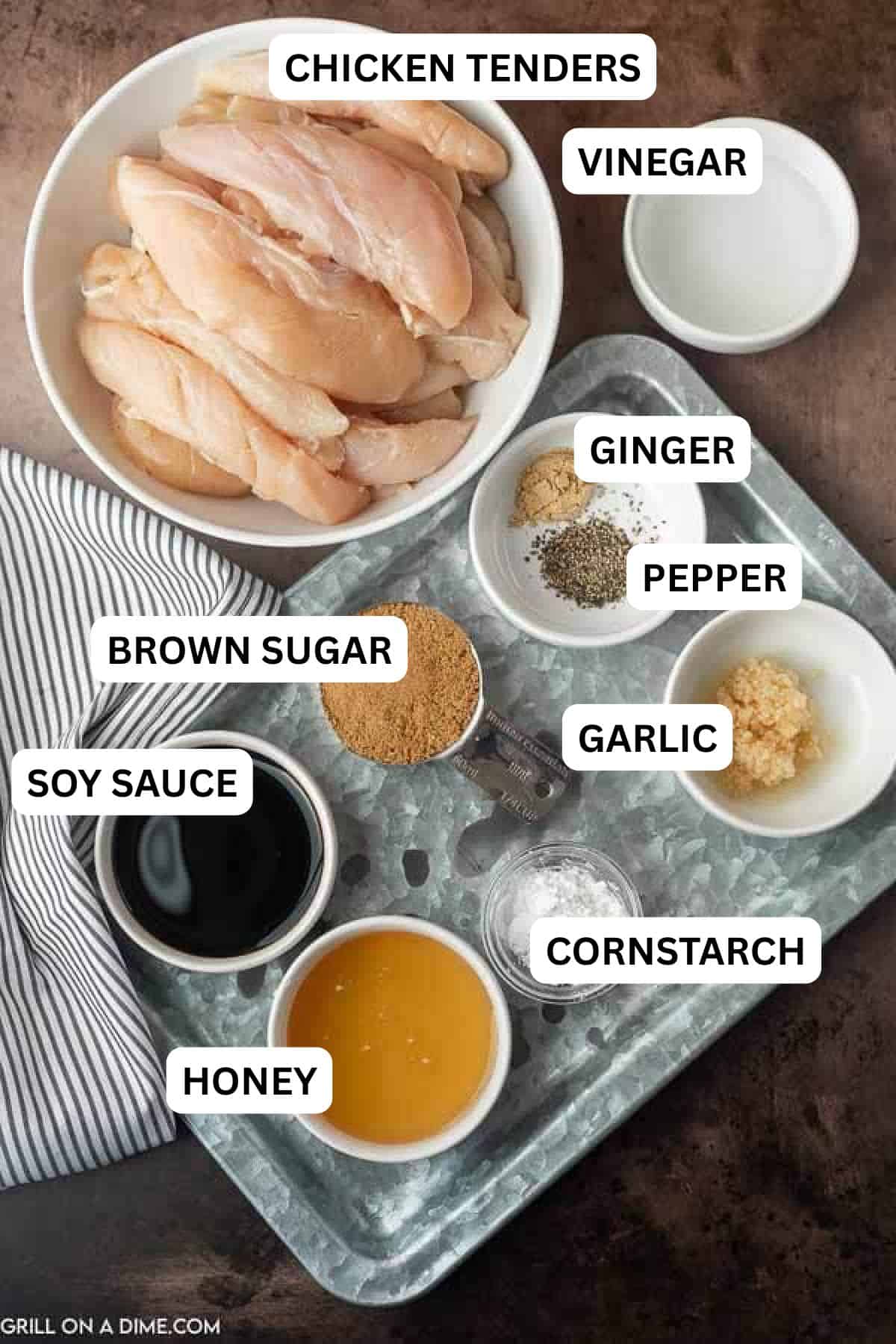 Ingredients needed to make this recipe which includes chicken tenders, BBQ sauce, brown sugar, soy sauce and more.