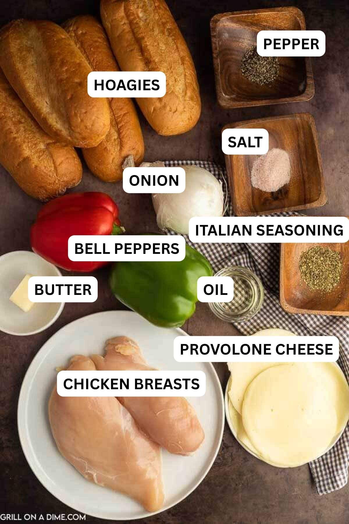 Ingredients needed to make this recipes which includes chicken, green bell pepper, red bell pepper, white onion, italian seasoning, and more.