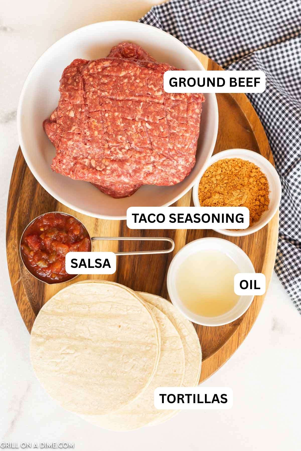 Ingredients needed to make this recipe which includes avocado oil, ground beef, taco seasoning, and salsa.