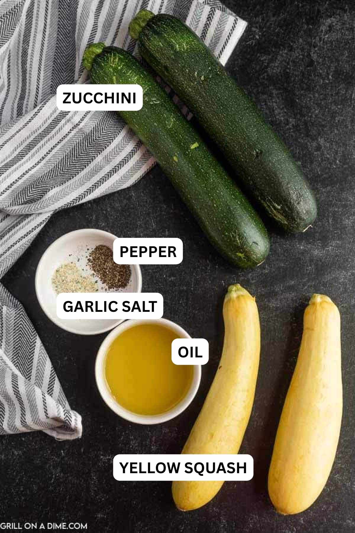 Ingredients needed to make this recipe which includes zucchinis, squash, avocado oil, garlic salt, and pepper.