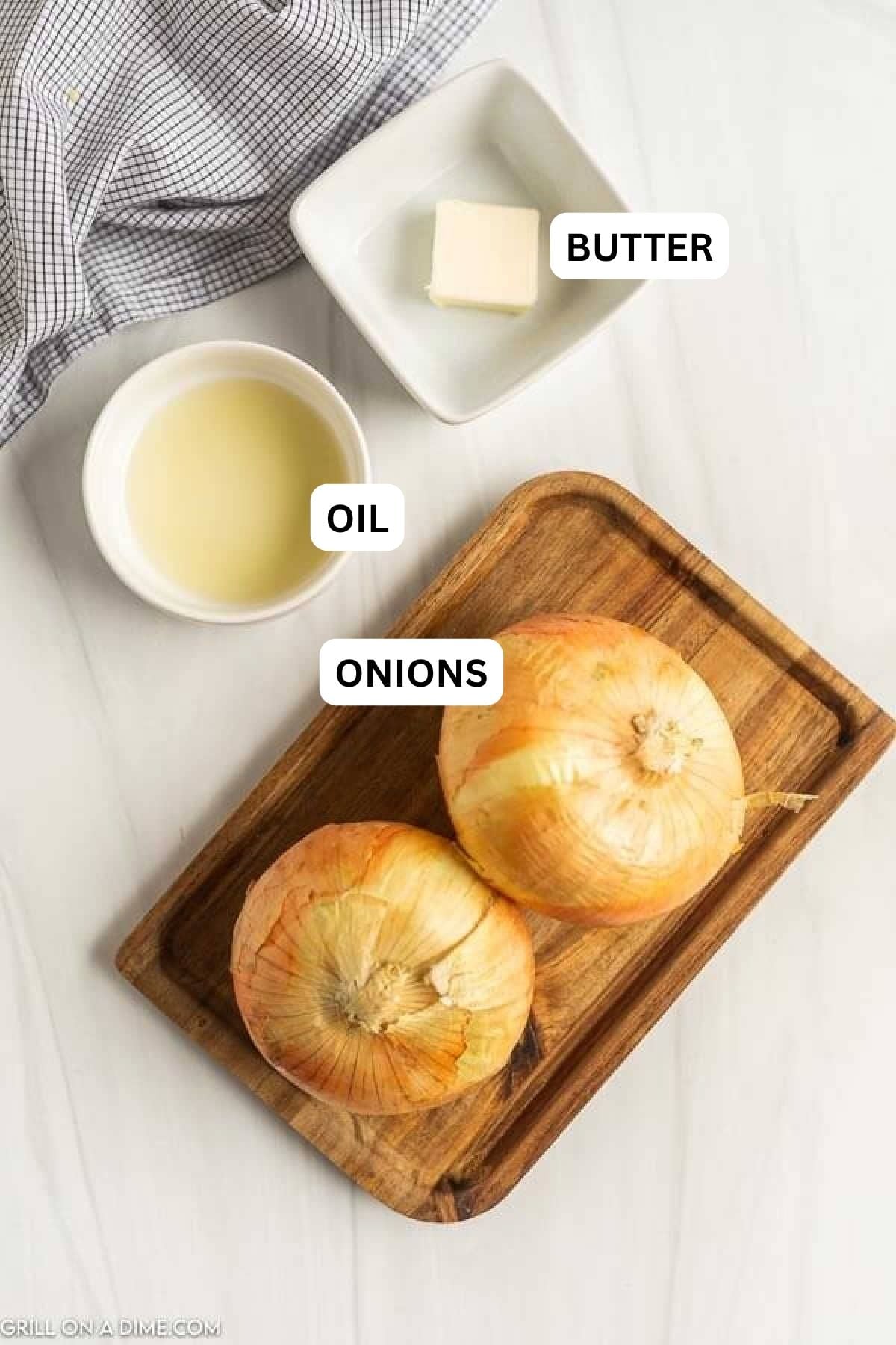Ingredients needed to make this recipe which includes yellow onions, avocado oil, and butter.