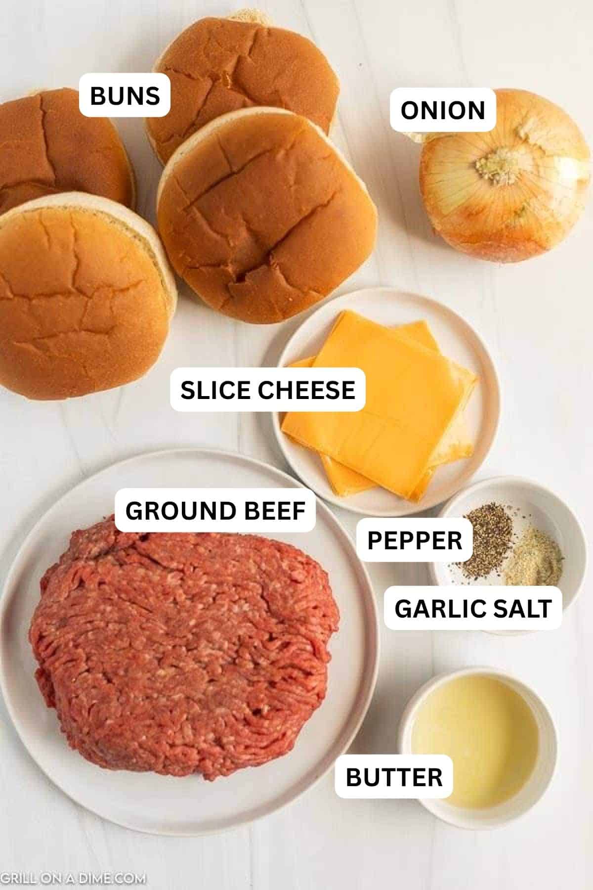 Ingredients needed to make this recipe which includes ground beef, yellow onion, garlic salt, pepper, cheese, buns, and butter.