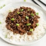 Teriyaki Ground Beef on a plate on white rice
