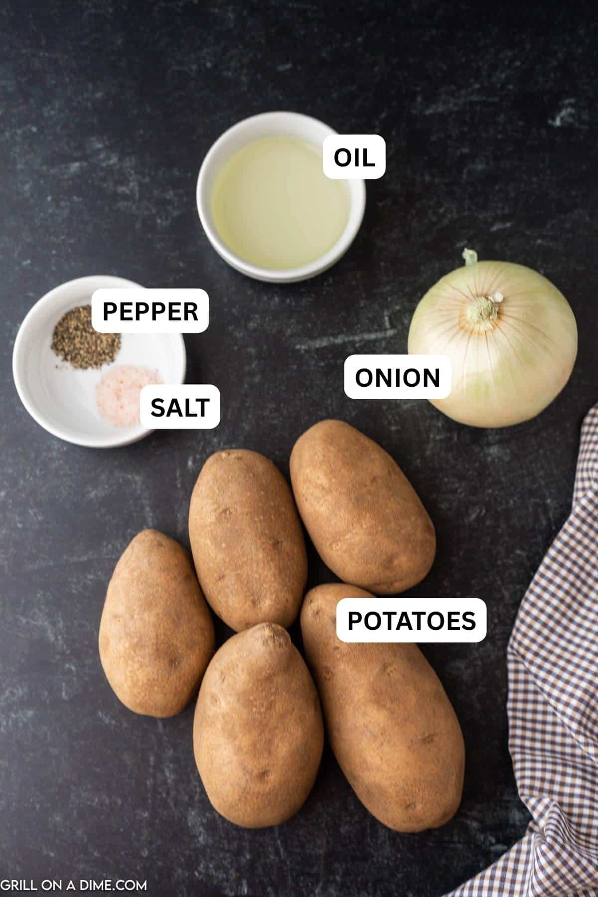 Ingredients needed to make this recipe which includes potatoes, vegetable oil, onion, salt and pepper.