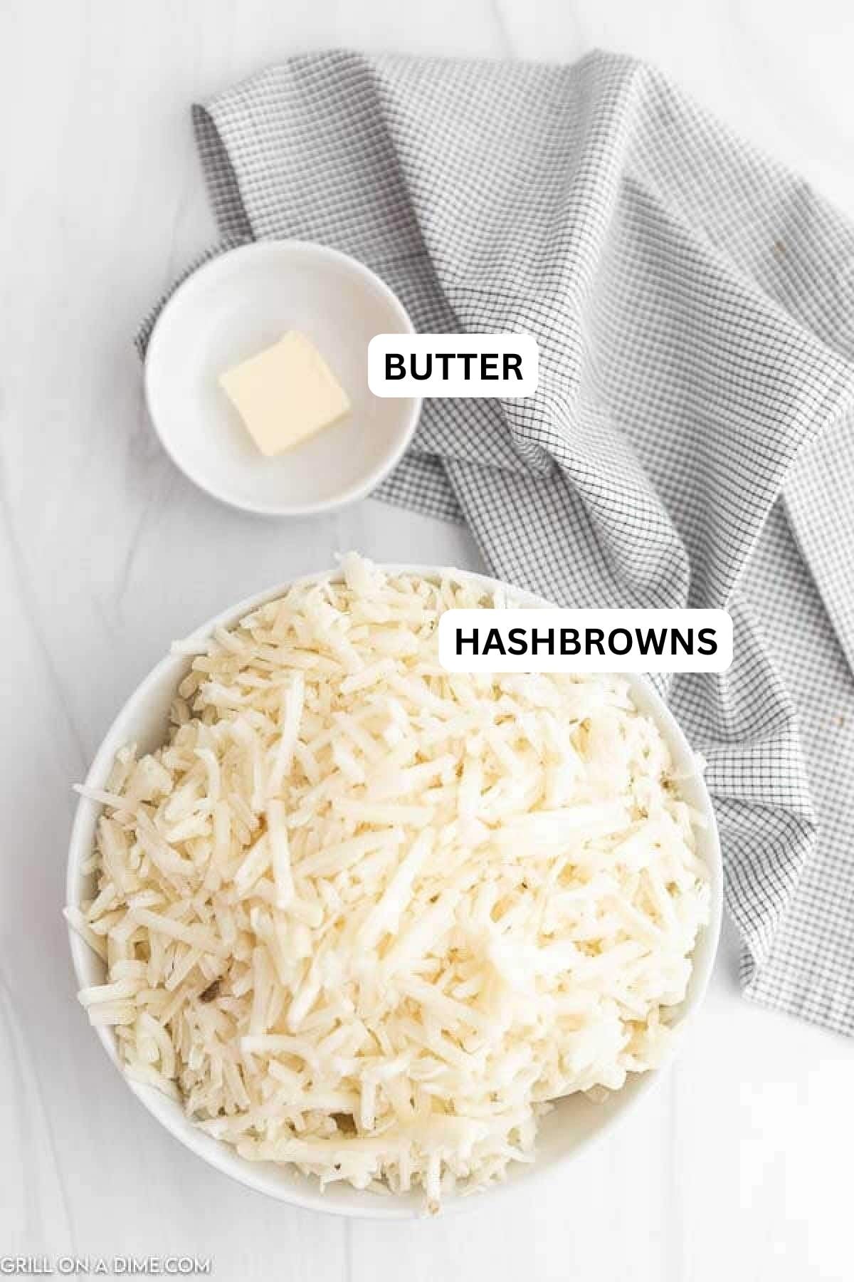 Ingredients needed to make this recipe which includes butter and hash browns.