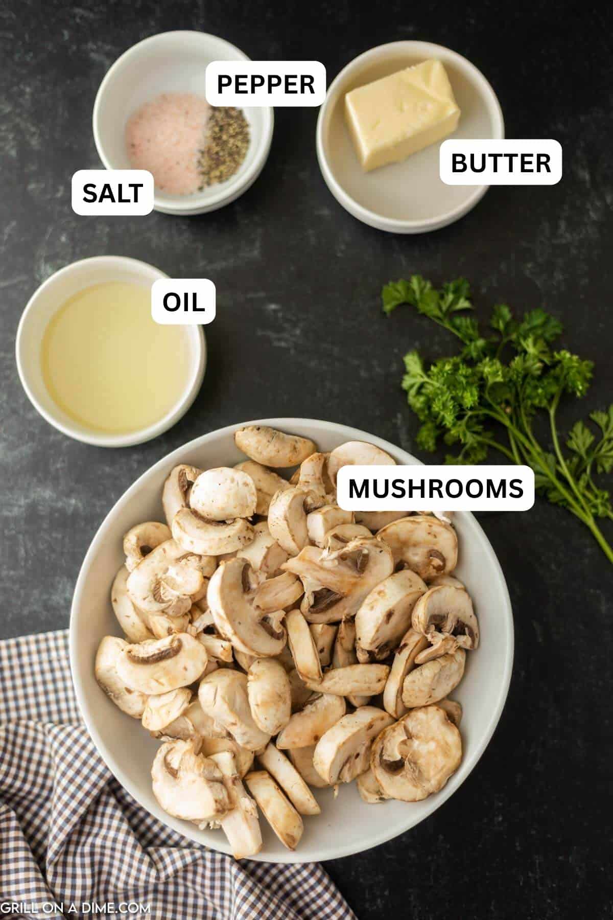 Ingredients needed to make this recipe which includes mushrooms, avocado oil, butter, salt and pepper.
