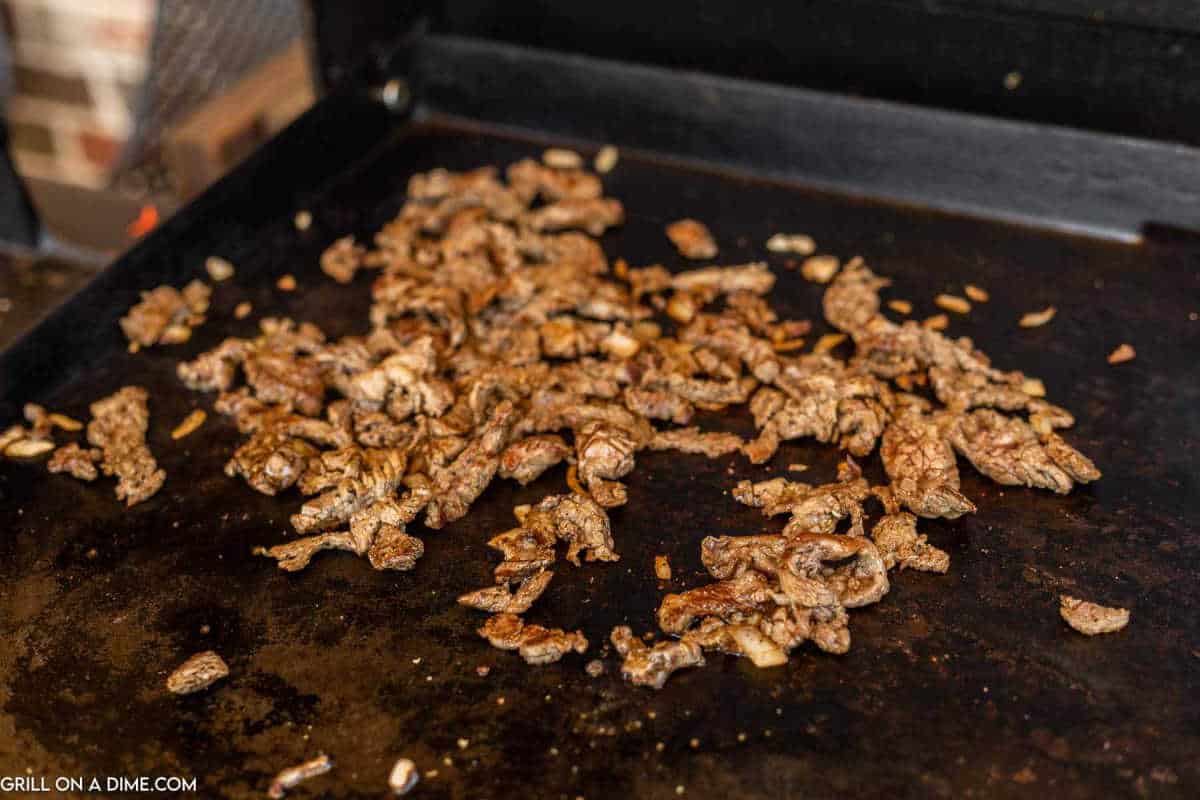 Cooking chopped steak on the Blackstone Griddle. 