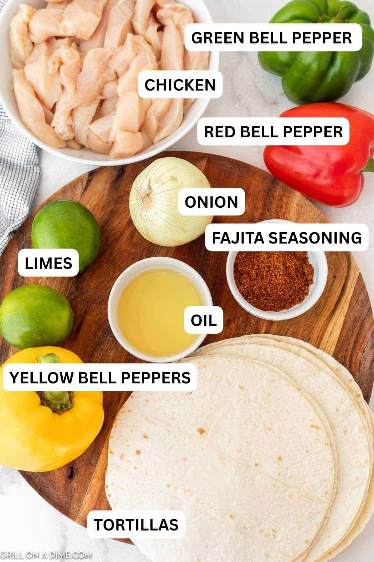 Ingredients needed to make this recipe includes chicken breast, avocado, limes, fajita seasoning, bell peppers onion, and flour tortilla.