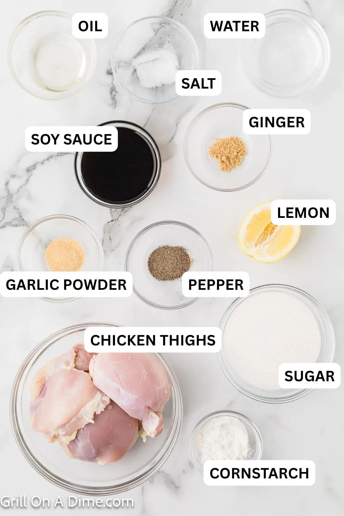 Ingredients needed to make this recipe which includes Chicken Thighs, oil. salt, pepper, sugar, soy sauce, lemon, garlic powder, ground ginger, water, and cornstarch.
