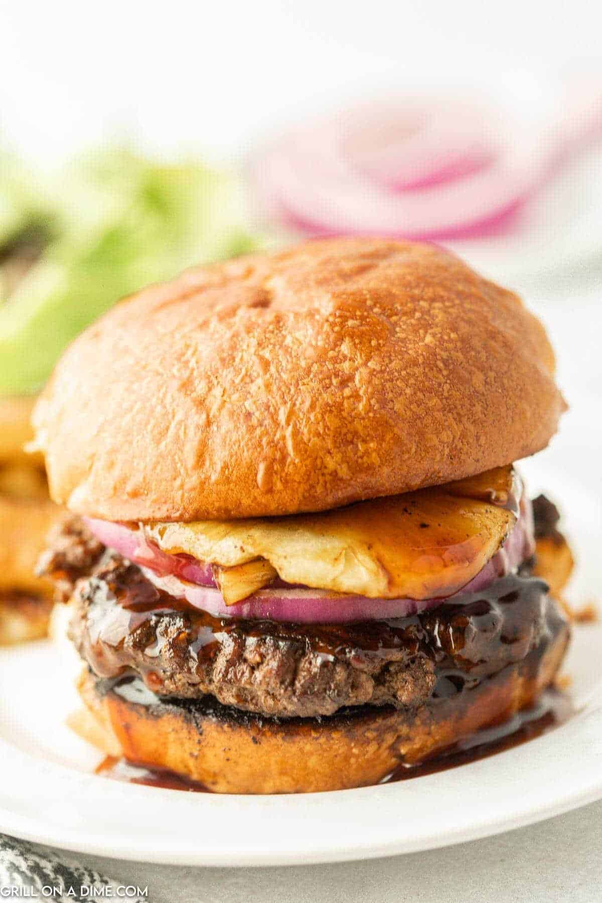 Close up image of Teriyaki Burger on a plate.