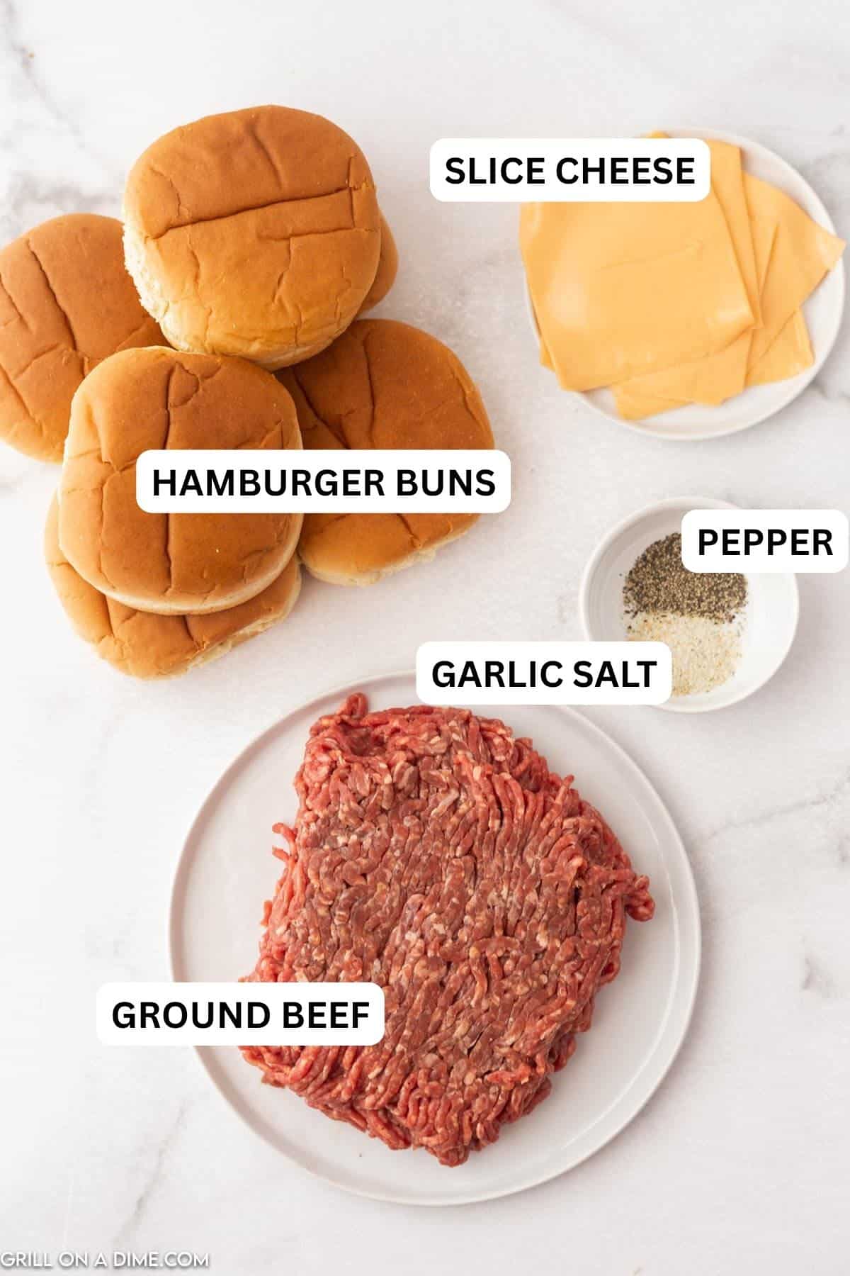 Ingredients needed to make this recipe includes ground beef, oil, garlic salt, pepper, cheddar cheese, and buns.