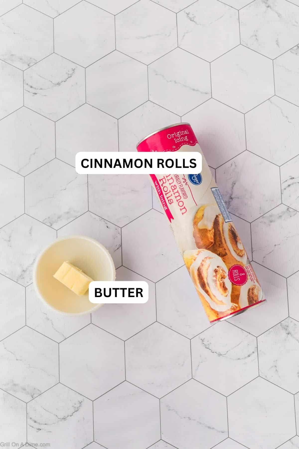 Ingredients needed to make to this recipe includes a can of cinnamon rolls and butter. 
