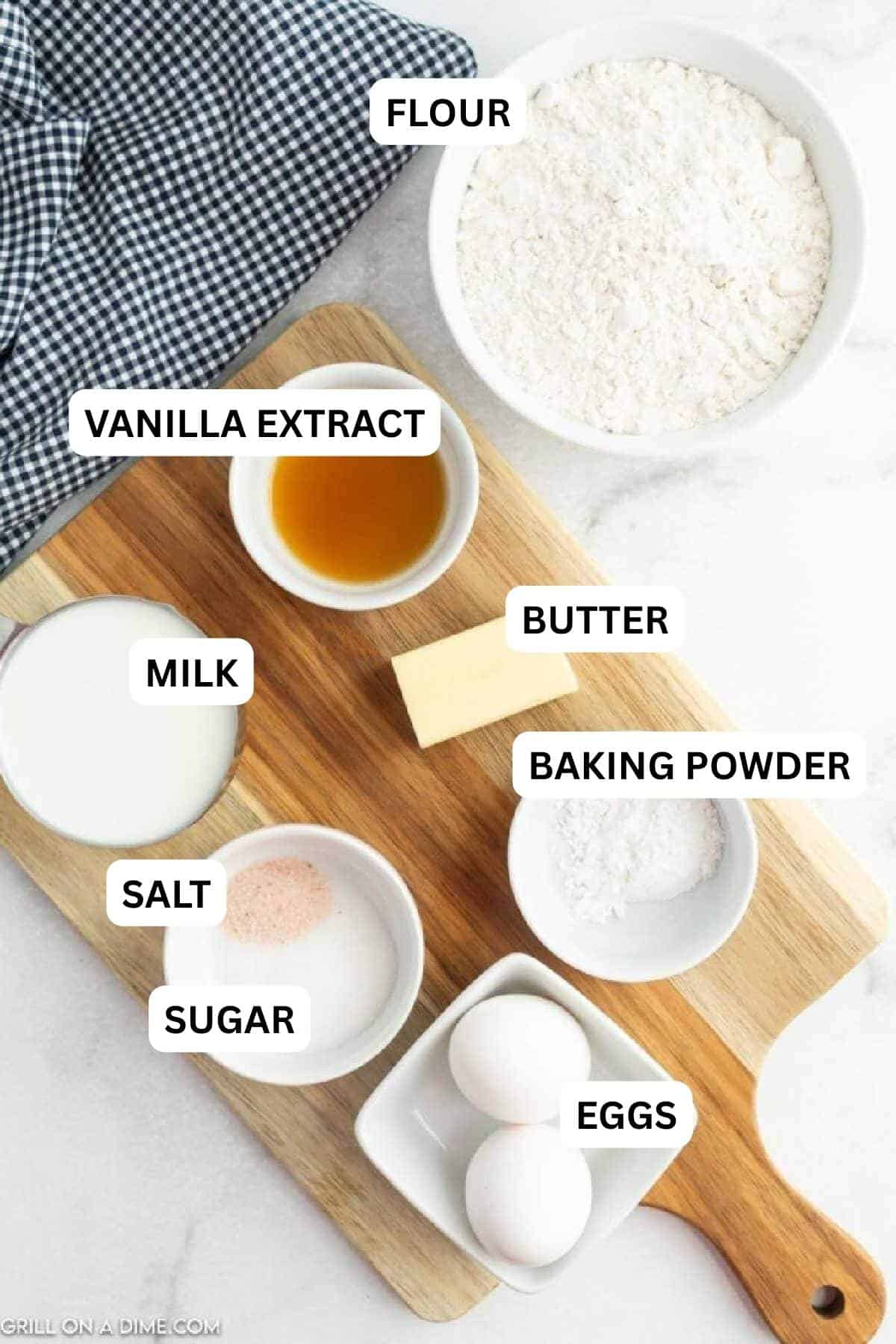 Ingredients needed to make this recipe which includes Flour, butter, baking powder, salt, sugar, eggs, milk, and vanilla extract.