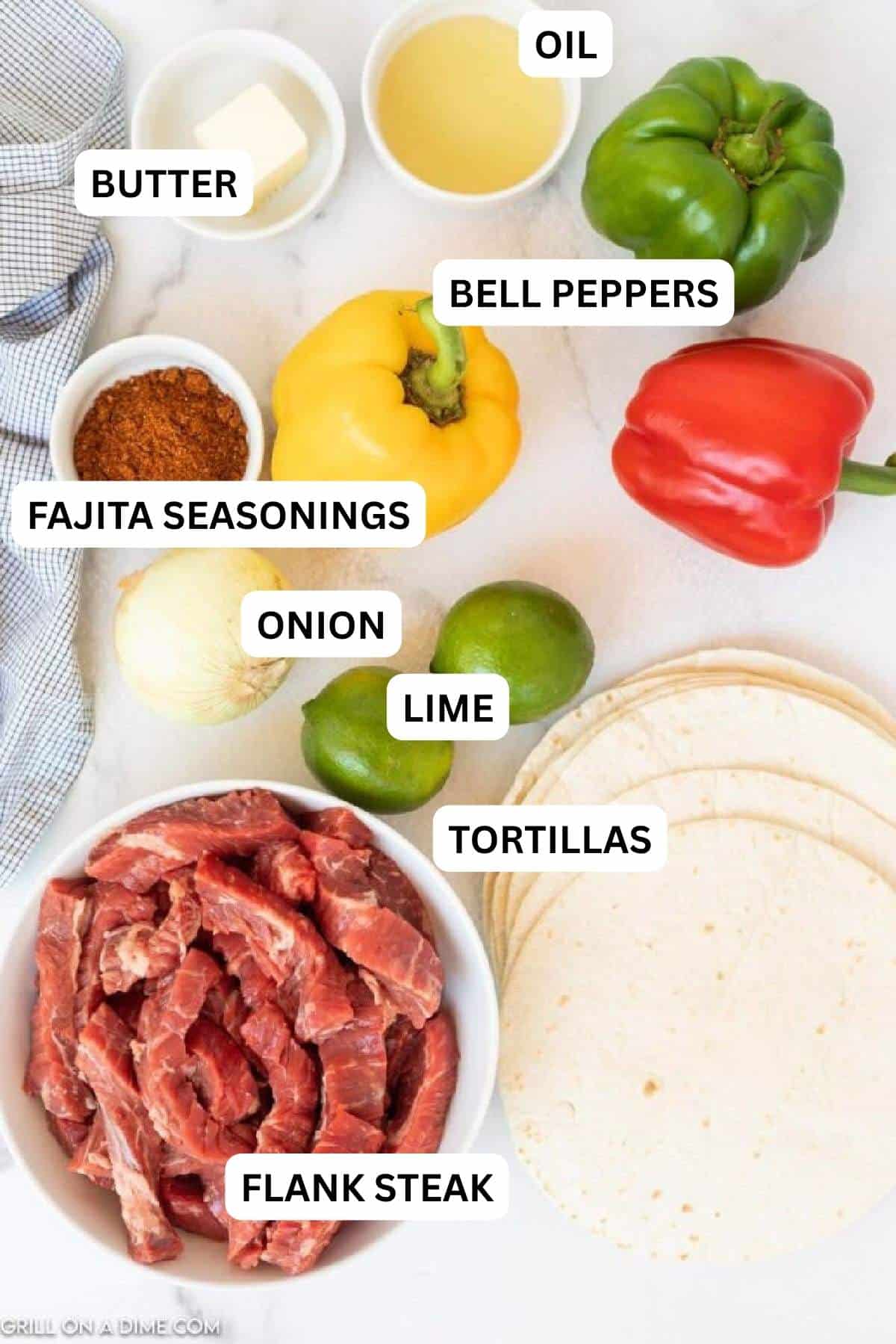Ingredients needed to make recipe includes flank steak, avocado oil, fajita seasoning, bell peppers, onion, butter, and flour tortilla.