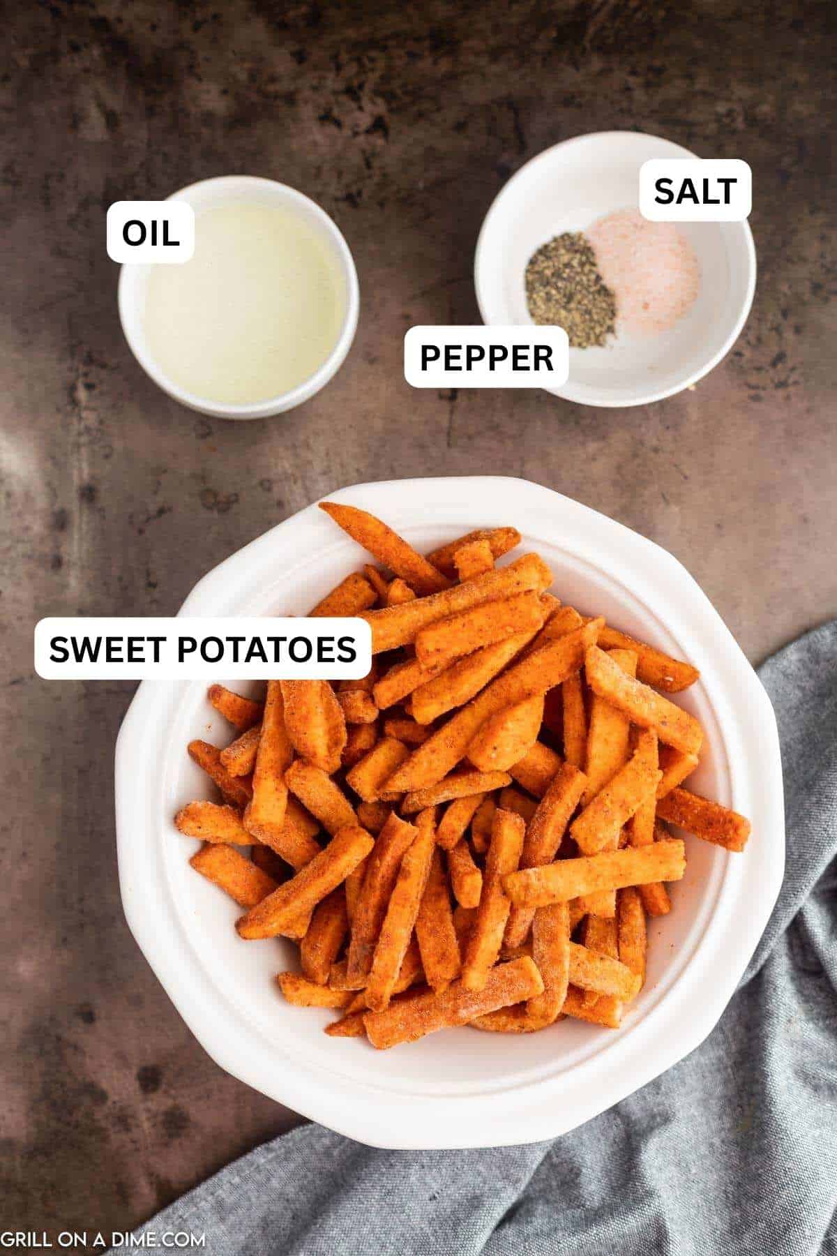 Ingredients needed to make this recipe includes sweet potato fries, oil, salt and pepper.